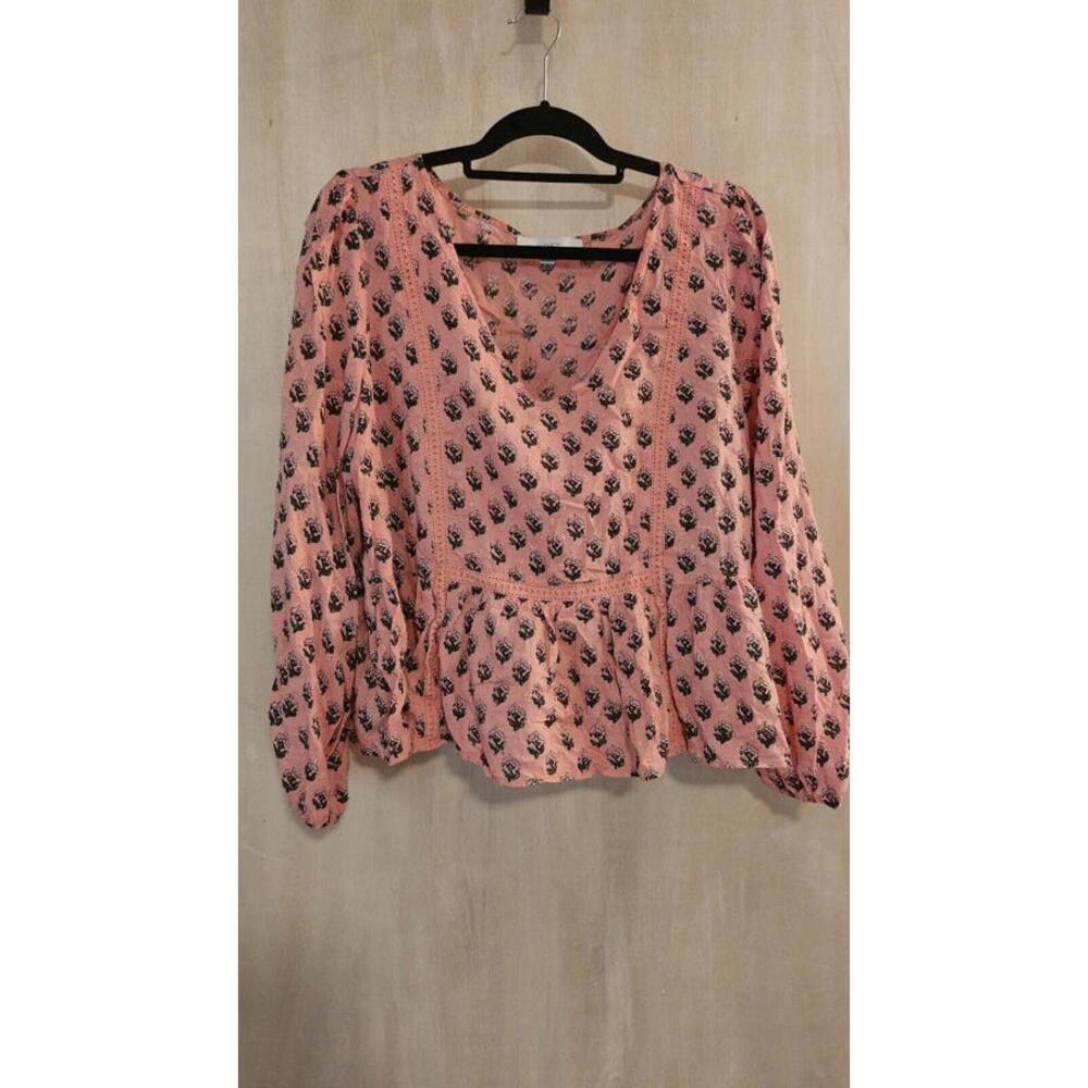 LOFT Women’s Blouse - Blush Pink With Flowers - Long Sleeve - 2XL